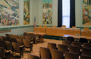 Image of an empty North Hearing Room in the Thomas J. Moyer Ohio Judicial Center