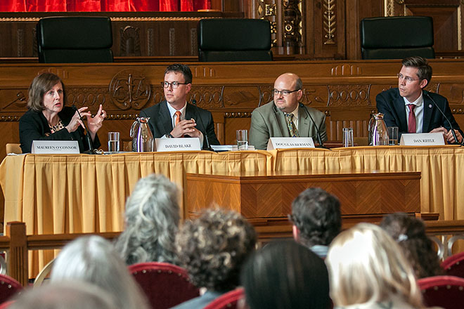 Image of Ohio Supreme Court Chief Justice Maureen O'Connor and forum panelists David Blake, Douglas Berman, and Dan Riffle