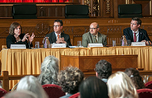 Image of Ohio Supreme Court Chief Justice Maureen O'Connor and forum panelists David Blake, Douglas Berman, and Dan Riffle