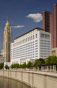 Image of the exterior of the Thomas J. Moyer Ohio Judicial Center with the Scioto River in the foreground