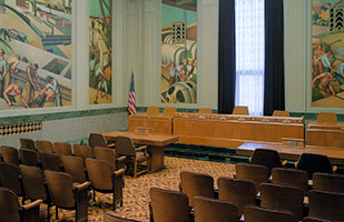 Image of an empty North Hearing Room in the Thomas J. Moyer Ohio Judicial Center Image of an empty North Hearing Room in the Thomas J. Moyer Ohio Judicial Center