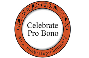 Image of an orange circle outlined in black and decorated with party favors and champagne glasses with the words 'Celebrate Pro Bono' in the middle and the celebrateprobono.org web address Image of an orange circle outlined in black and decorated with party favors and champagne glasses with the words 'Celebrate Pro Bono' in the middle and the celebrateprobono.org web address