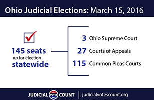 Image of a blue and white infographic showing the total number of judicial seats that are open for the upcoming election, including a breakdown of open seats for the Ohio Supreme Court, appeals courts and common pleas courts Image of a blue and white infographic showing the total number of judicial seats that are open for the upcoming election, including a breakdown of open seats for the Ohio Supreme Court, appeals courts and common pleas courts