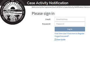 Image of the landing page for the Case Activity Notification service showing the log-in screen