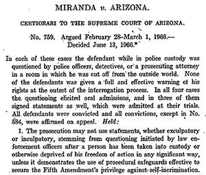 Image of the first page of the Miranda v. Arizona U.S. Supreme Court opinion