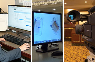 A series of three images: a man sitting at a computer, a monitor showing x-rayed items, and a television camera A series of three images: a man sitting at a computer, a monitor showing x-rayed items, and a television camera