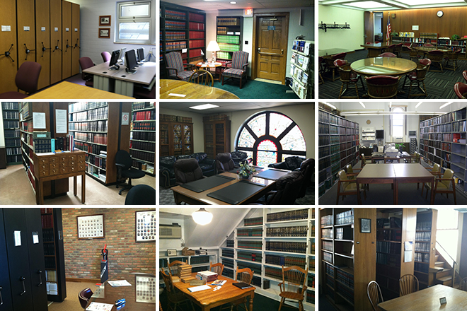 A collage of images of county law libraries from all around Ohio
