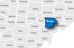 Image of the southeast portion of a county map of Ohio with Morgan County emphasized Image of the southeast portion of a county map of Ohio with Morgan County emphasized