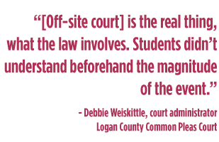 Image of the Debbie Weiskittle quote '[Off-site court] is the real thing, what the law involves. Students didn't understand beforehand the magnitude of the event.'