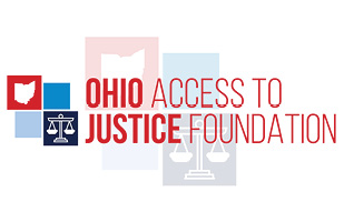 Image of the newly branded Ohio Access to Justice Foundation logo, which features a small red square with the outline of the state of Ohio  in white, and a dark grey square with the scales of justice in white