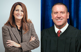 Image of a woman in a business suit on the left and a male judge in a black judicial robe on the right