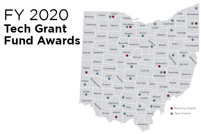 Image of a county map of the state of Ohio wtih dots indicating counties receiving grants