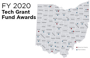 Image of a county map of the state of Ohio wtih dots indicating counties receiving grants