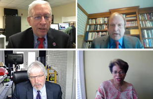 Image shows 4 individual video conference windows showing Justices Pat Fischer (top left), Pat DeWine (top right), Michael Donnelly (bottom left), and Melody Stewart (bottom right)