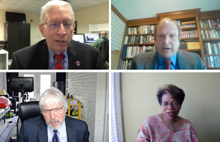 Image shows 4 individual video conference windows showing Justices Pat Fischer (top left), Pat DeWine (top right),  Michael Donnelly (bottom left), and Melody Stewart (bottom right)