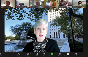 Image of Chief Justice O'Connor in a video conference window, with 6 smaller windows at the top that each include a person listening to her