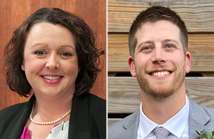 Side-by-side smiling headshots of a woman and a man