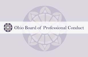 Ohio Board of Professional Conduct written on top of circular graphic with navy and gold rings and triangles.