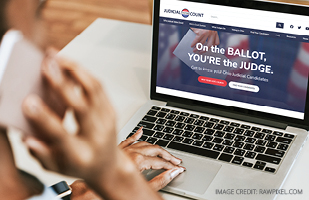 Image of person viewing the Judicial Votes Count website on a laptop computer.