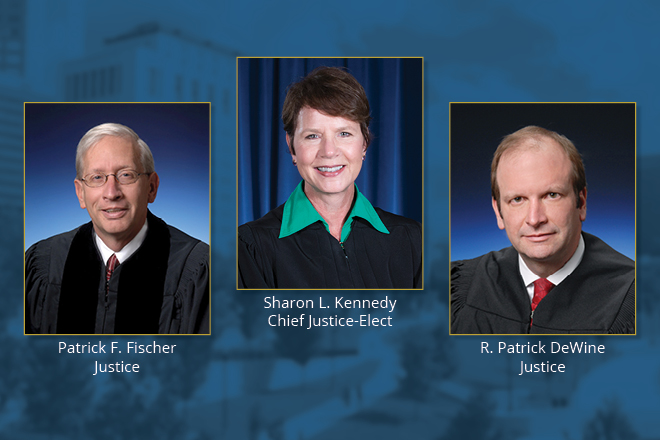 Images of a Caucasian woman and two Caucasian men wearing black judicial robes.