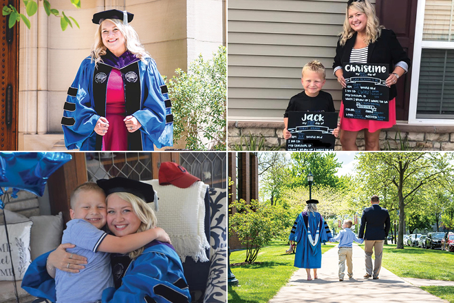 Collage of four images: one of a woman wearing a blue and black graduation gown smiling in front of a building; another of the same woman wearing a pink skirt and black and white top standing next to a young boy, both are holding signs; another of the same woman and boy hugging each other; the final image is of the same woman and boy holding hands with a man in a suit