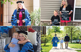 Collage of four images: one of a woman wearing a blue and black graduation gown smiling in front of a building; another of the same woman wearing a pink skirt and black and white top standing next to a young boy, both are holding signs; another of the same woman and boy hugging each other; the final image is of the same woman and boy holding hands with a man in a suit