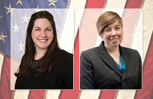 Individual images set on a background of the American flag of two women, one with long dark hair, one with short light brown hair, both wearing dark suits.