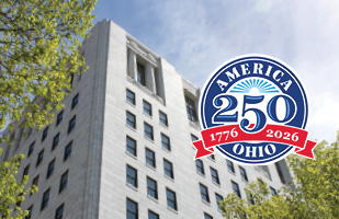 A multi-story, marble building as seen from the ground looking up. The 'America 250 Ohio' logo is superimposed on the building image.
