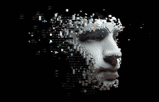a graphic of many pixels joining together to resemble a face