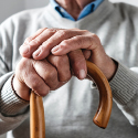 An elderly person holding a wooden cane