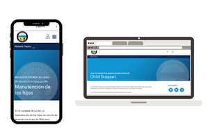 A phone screen and a laptop screen both featuring the same website in different languages