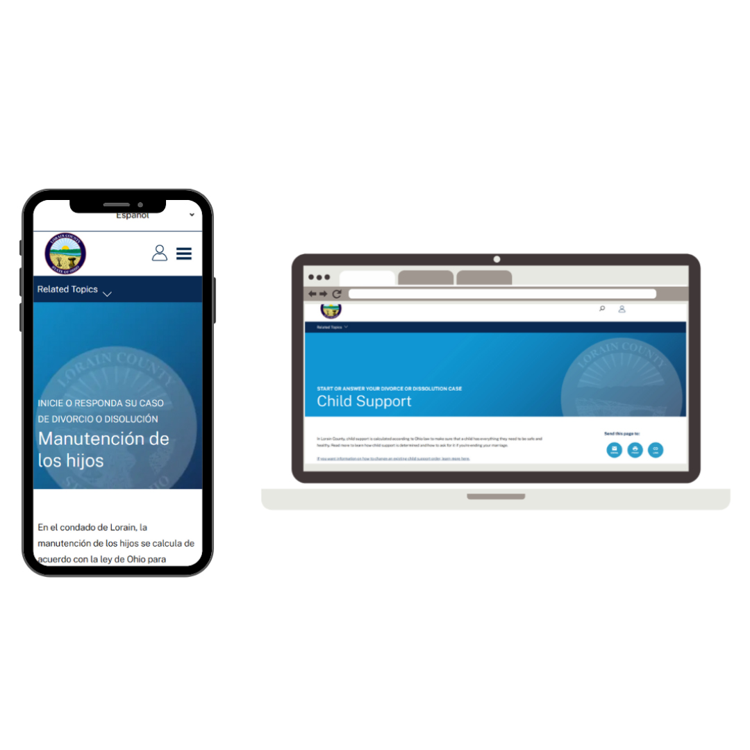 A phone screen and a laptop screen both featuring the same website in different languages