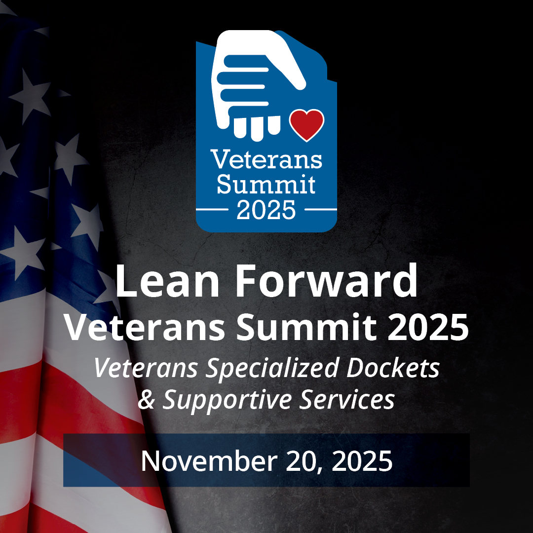 Blue logo with a handshake and heart reads 'Veterans Summit 2025.' Text below: 'Lean Forward Veterans Summit 2025, November 20, 2025,' over an American flag.