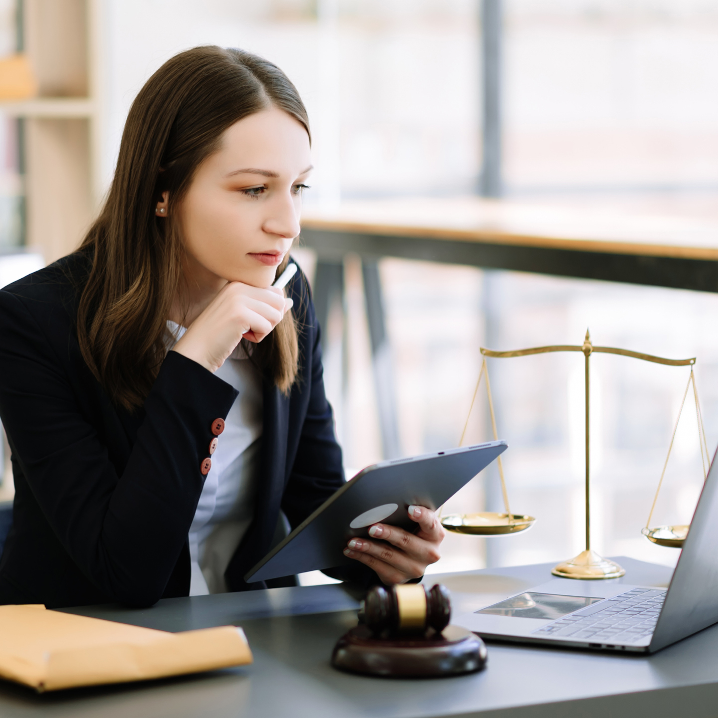 A woman in a suit thoughtfully holds a tablet at a desk with a laptop, scales of justice, and a gavel. The setting is professional and focused.