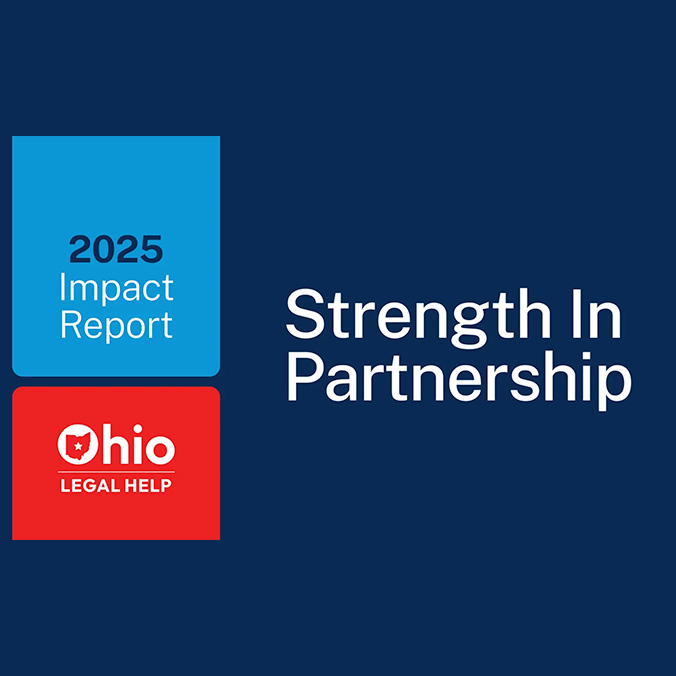 Blue and red graphic with '2025 Impact Report' and 'Ohio Legal Help' logos. The text 'Strength In Partnership' is on a dark blue background.