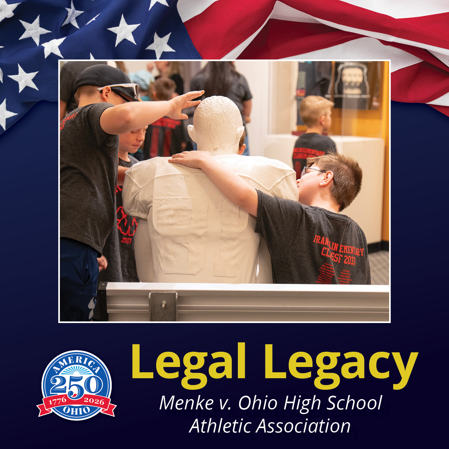 Graphic titled 'Legal Legacy' showing children examining an anatomical mannequin, with an American flag background and the subtitle 'Menke v. Ohio High School Athletic Association.'