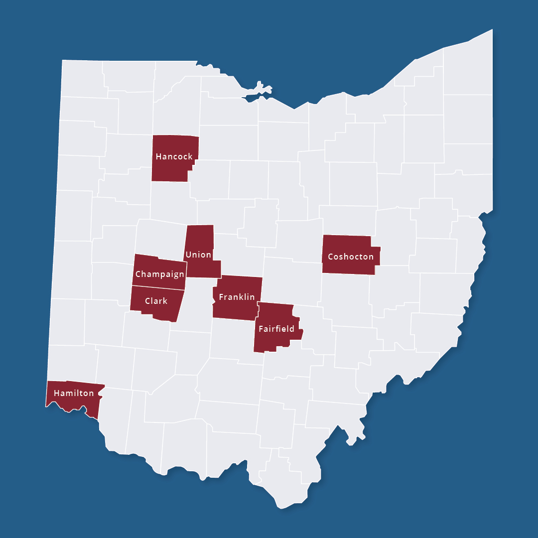 A map of Ohio with Hancock, Champaign, Clark, Union, Franklin, Fairfield, Hamilton, and Coshocton Counties in red
