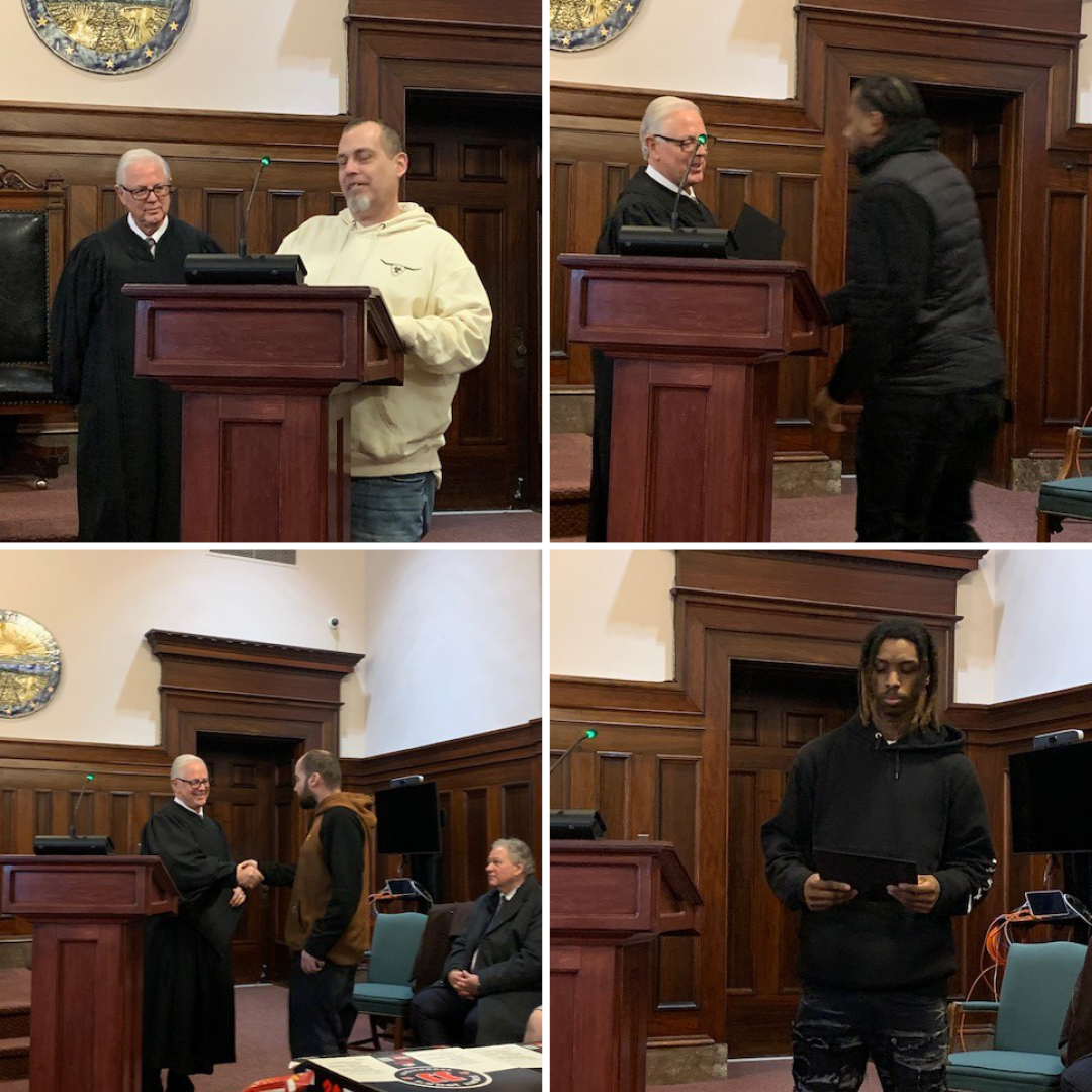 A collage of four pictures, each containing a citizen standing next to a podium next to a judge