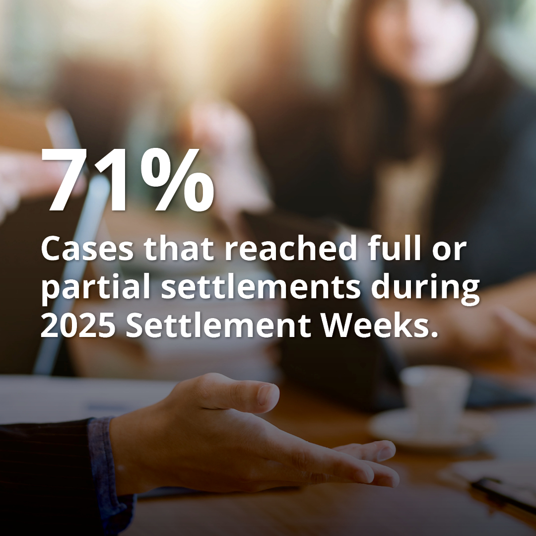 Blurry image of people in a meeting room setting, with text overlay: '71% Cases that reached full or partial settlements during 2025 Settlement Weeks.'