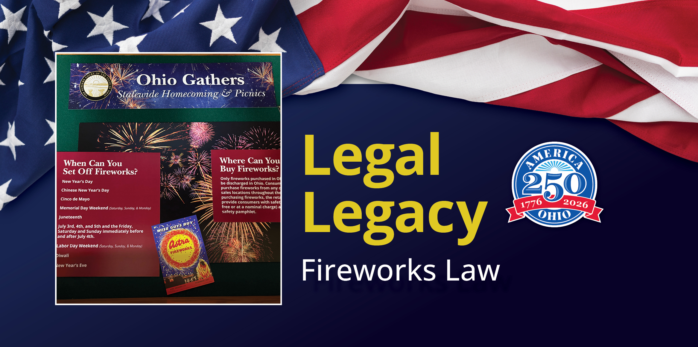 An infographic overlaying a dark blue background with the American flag at the top. The graphic features a central image showing a green tabletop layout of promotional materials and vintage fireworks boxes from 'Ohio Gathers Statewide Homecoming & Picnics' under the Supreme Court of the State of Ohio. Two large maroon cards detail Ohio's fireworks laws, covering specific legal holidays for setting them off and licensing rules for purchasing them. At the bottom, a logo for 'America 250 Ohio 1776-2026' sits next to the text 'Legal Legacy Fireworks Law'