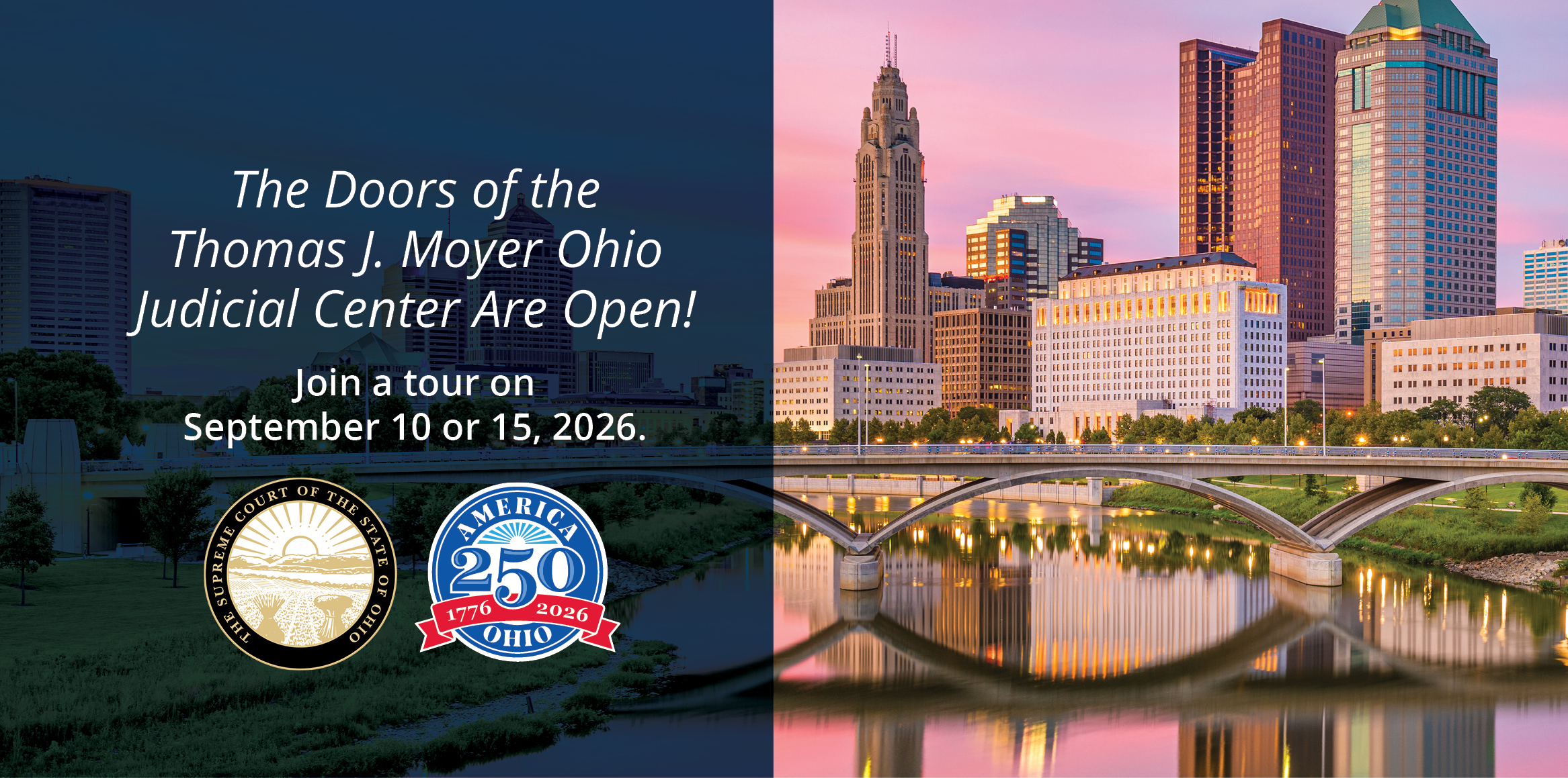 A skyline view featuring the Thomas J. Moyer Ohio Judicial Center alongside modern buildings, reflected in a river at sunset, with a curved bridge in the foreground.