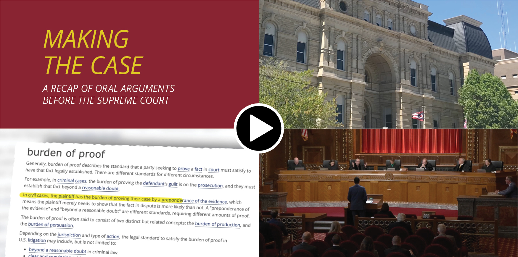 'Making the case , a recap of oral arguments before the Supreme Court. Burden of proof' the exterior of a court house and the interior of the Thomas J. Moyer Ohio Judicial Center