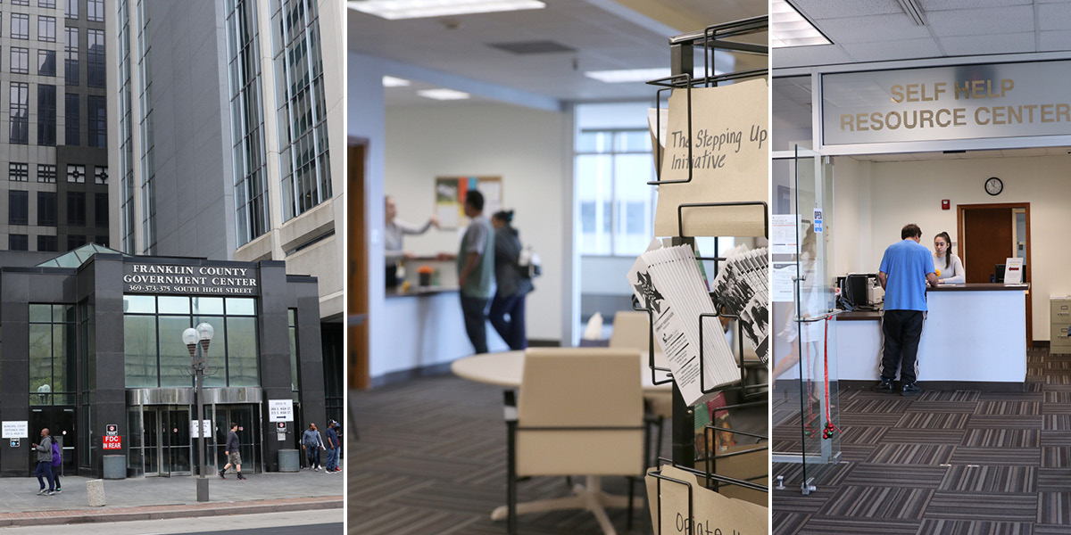 A series of three images: the entrance to the Franklin County Government Center; a man and woman standing at a counter; a man being helped at the Self Help Resource Center