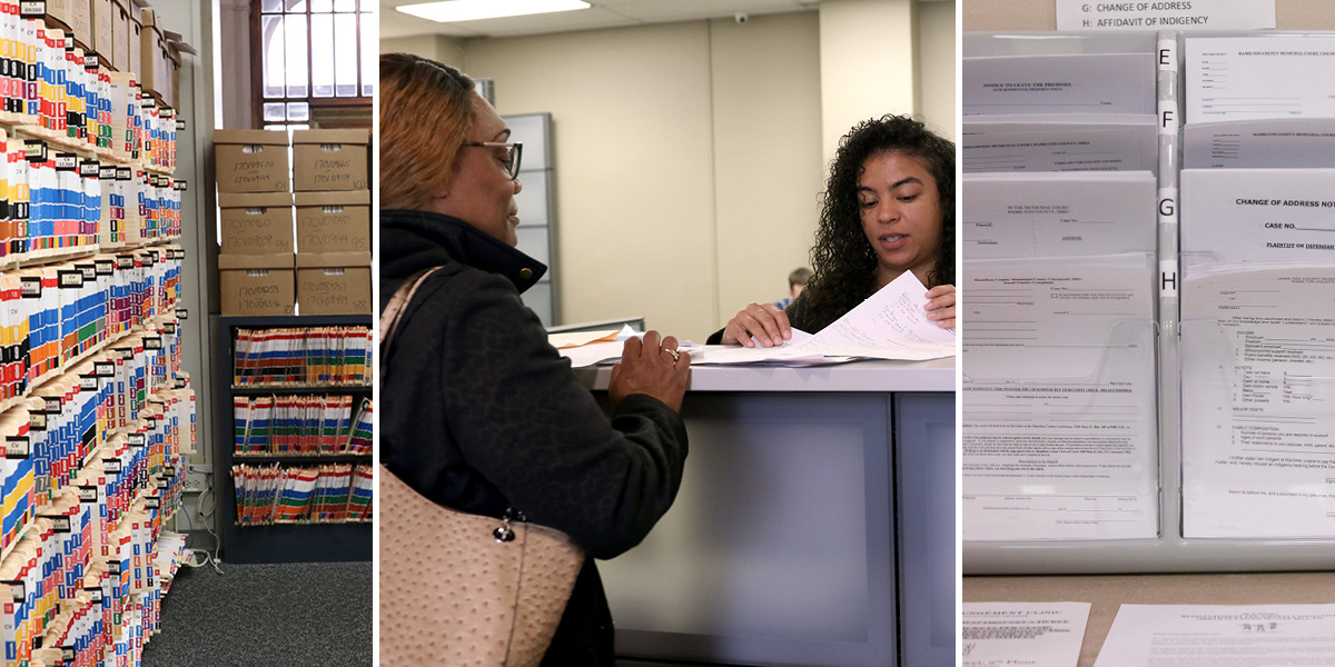 A series of three images: shelves and boxes of case files; a woman standing at a counter; various forms