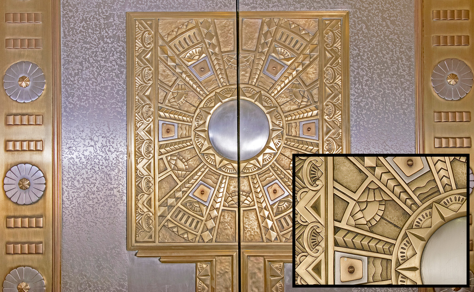 Image of the ornate elevator doors with an inset of the bronze and nickel design