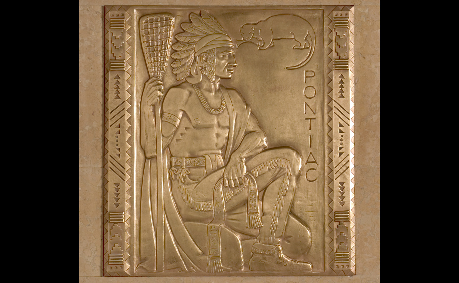 Image of a bronze bas relief of American Indian leader Pontiac