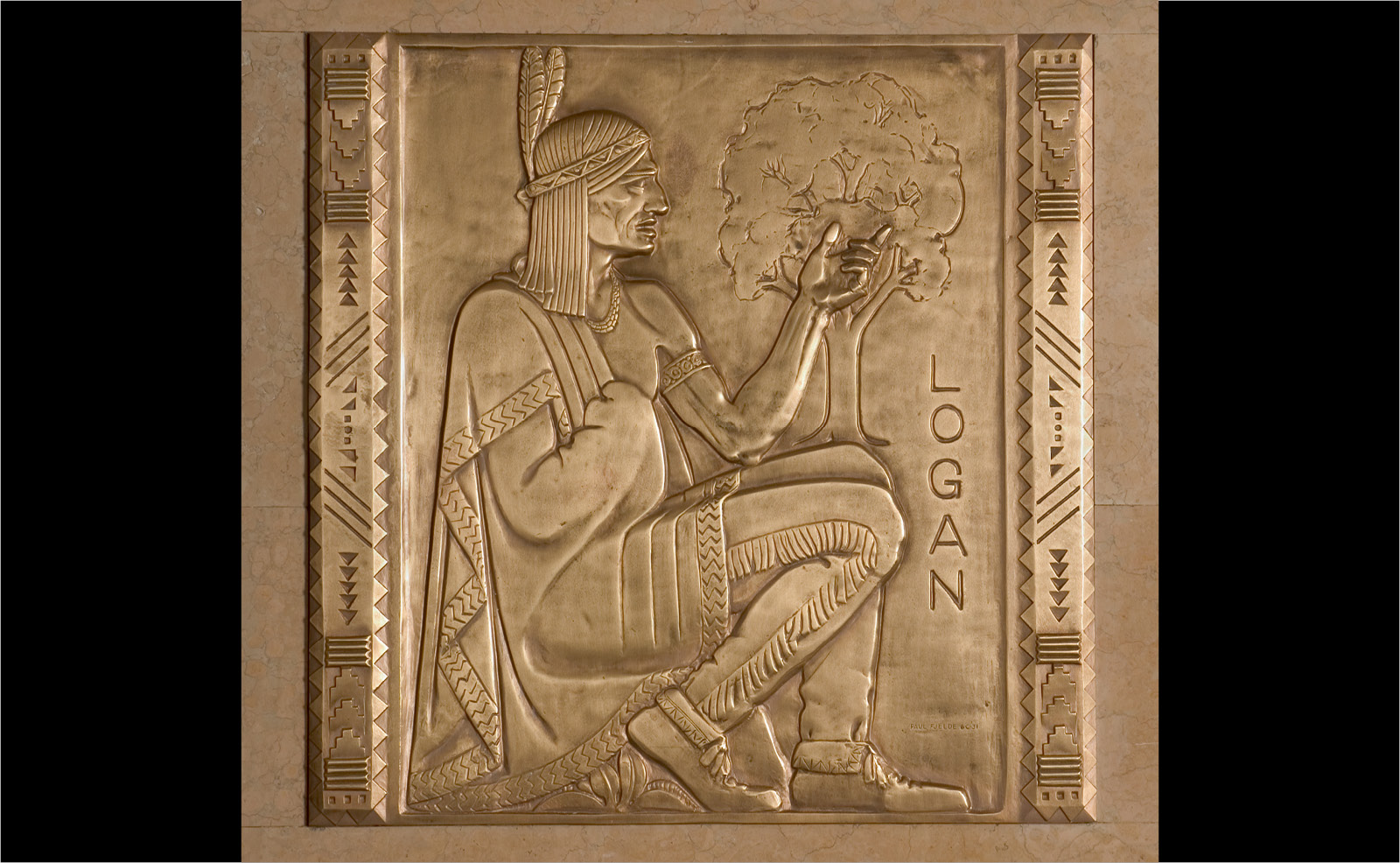 Image of a bronze bas relief of American Indian leader Logan