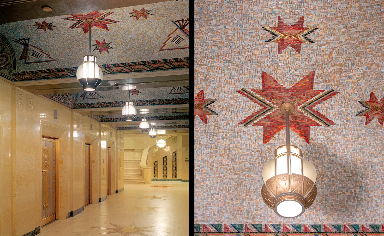 Image of the elevator lobby with an inset of the mosaic detail in the ceiling