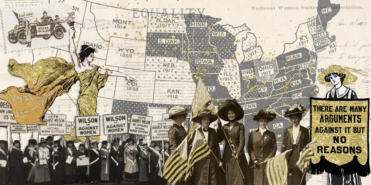 Image of a map of the United States with historic images of women protesting for their right to vote