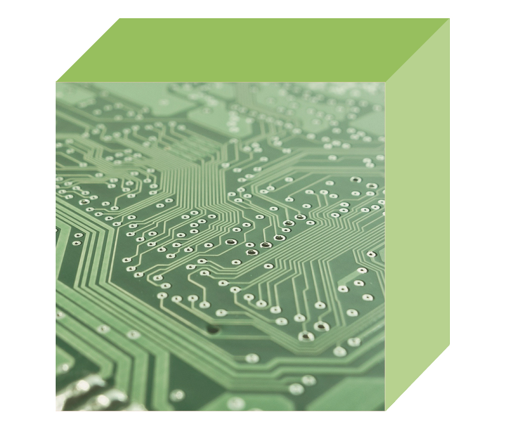 Image of a computer circuit board on the front-facing side of a multi-dimensional cube
